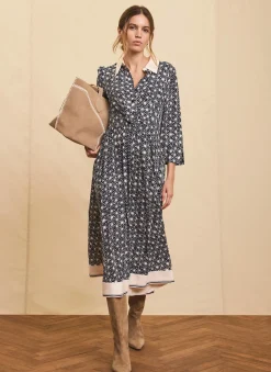 Navy Print Midi Shirt Dress