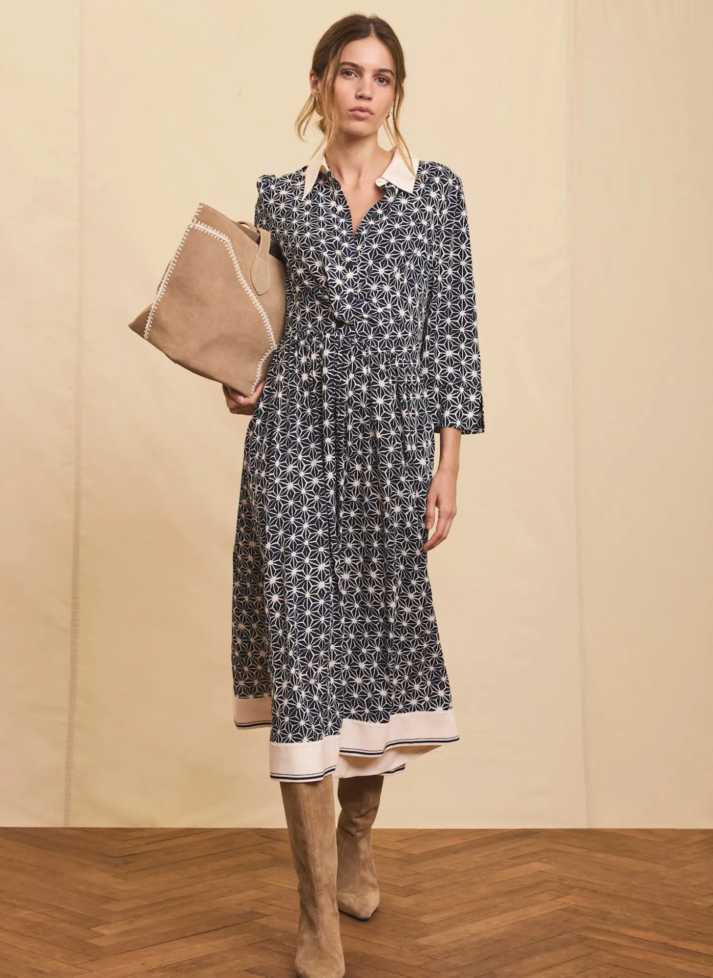 Navy Print Midi Shirt Dress