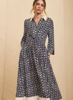 Navy Print Midi Shirt Dress