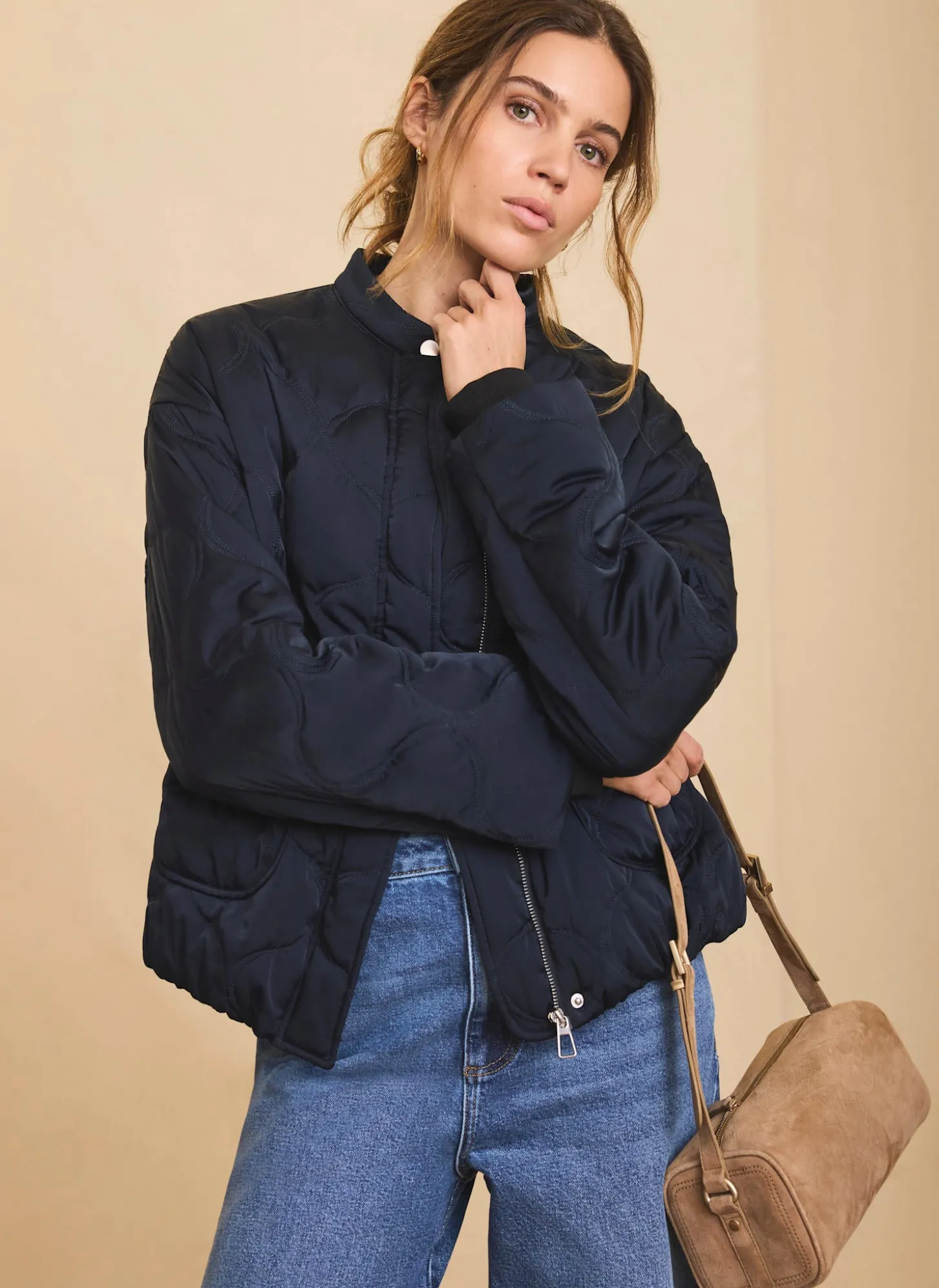 Navy Quilted Bomber Jacket