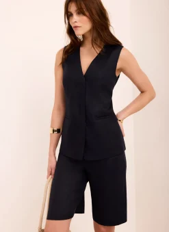 Navy Ramie Longline Tailored Shorts