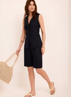 Navy Ramie Longline Tailored Shorts