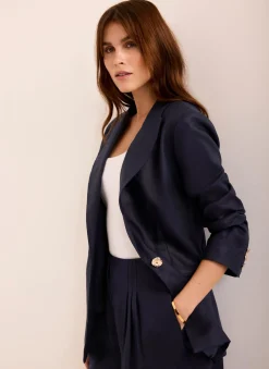 Navy Ramie Single Breasted Blazer