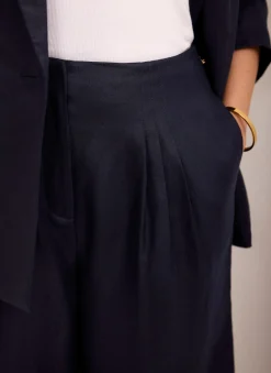 Navy Ramie Wide Leg Trousers