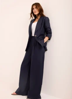 Navy Ramie Wide Leg Trousers