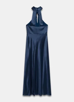 Navy Satin Halter Maxi Dress