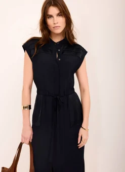 Navy Satin Utility Midi Dress