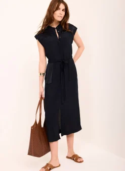 Navy Satin Utility Midi Dress