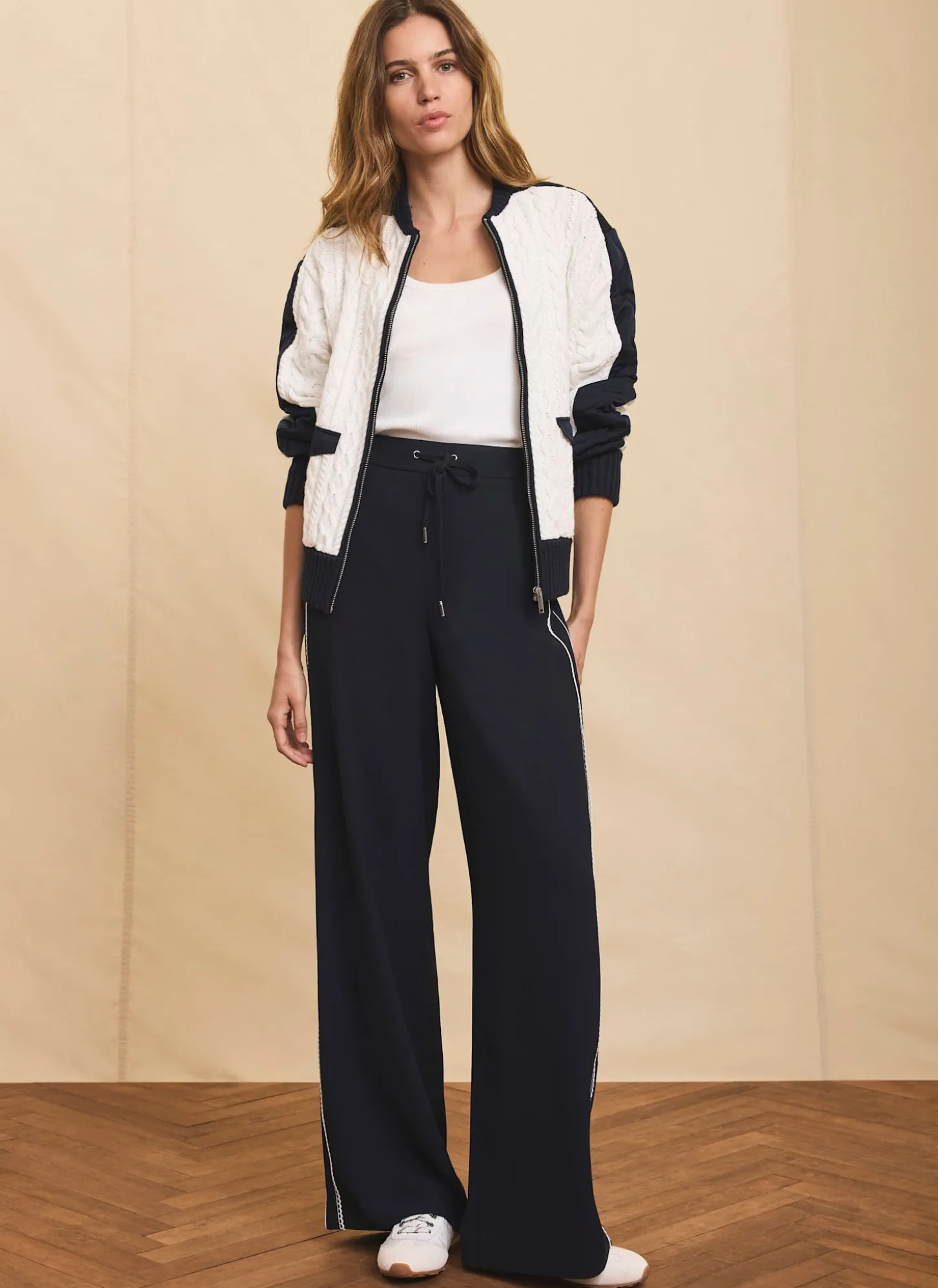 Navy Scallop Side Stripe Wide Trousers