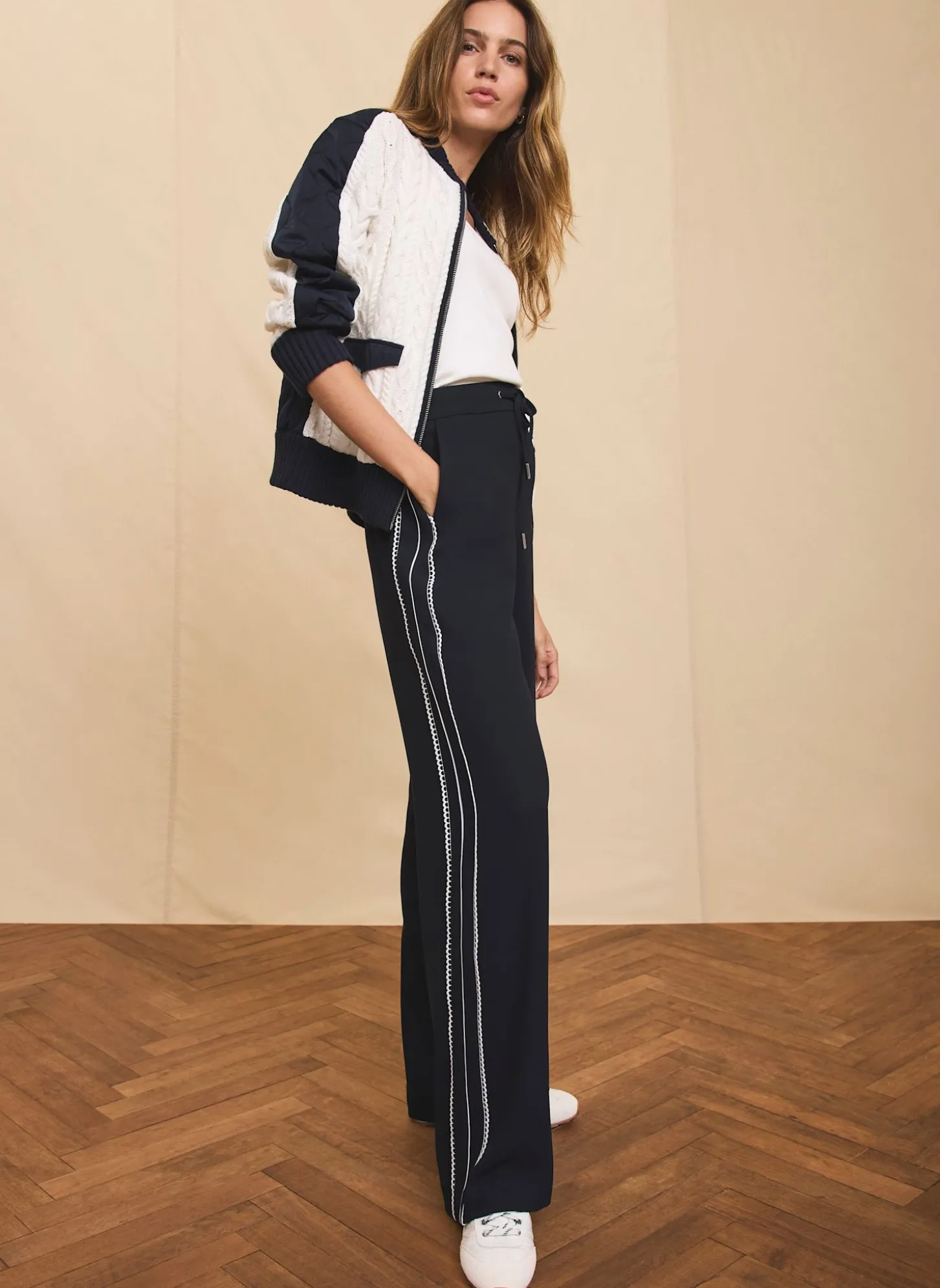 Navy Scallop Side Stripe Wide Trousers