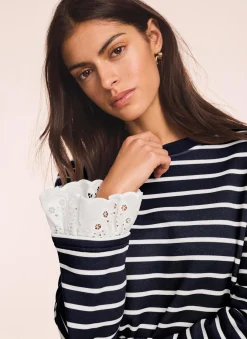 Navy Stripe Broderie Trim Sweatshirt