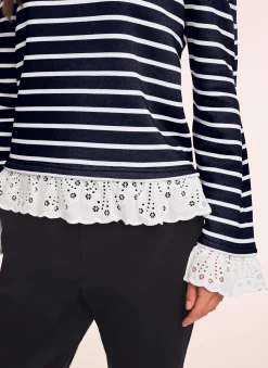 Navy Stripe Broderie Trim Sweatshirt