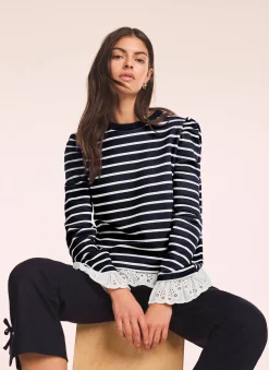 Navy Stripe Broderie Trim Sweatshirt