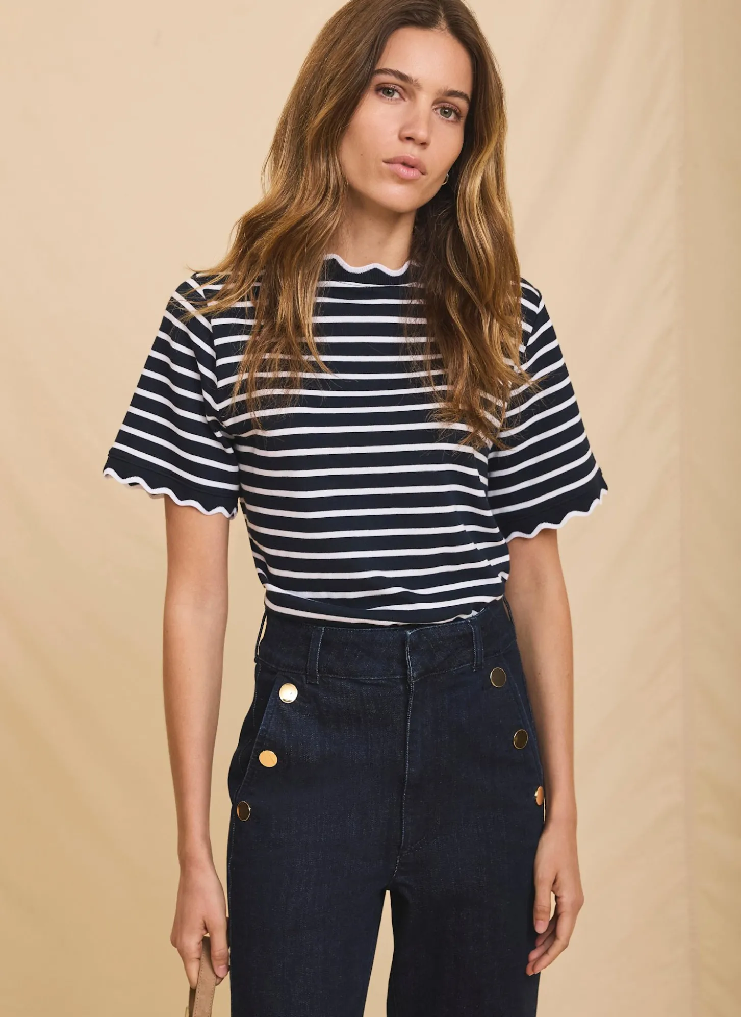 Navy Stripe Scallop Trim T-Shirt