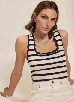 Navy Striped Scallop Trim Vest Top