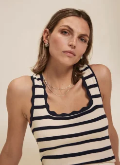Navy Striped Scallop Trim Vest Top