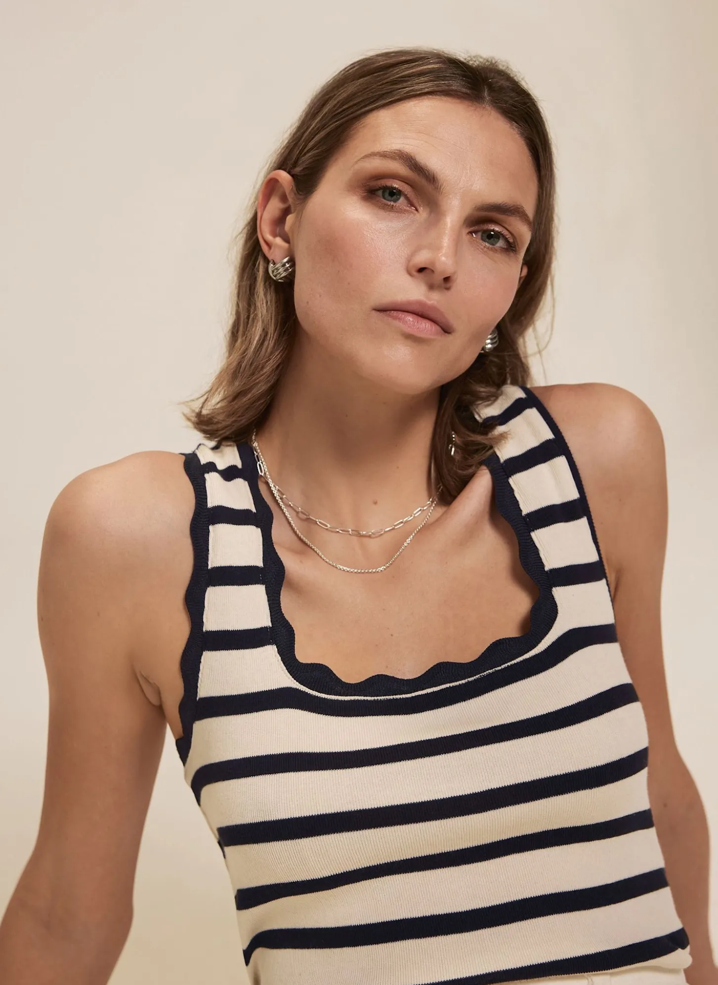 Navy Striped Scallop Trim Vest Top