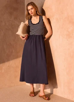Navy Striped Scallop Trim Midi Dress