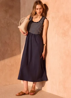 Navy Striped Scallop Trim Midi Dress