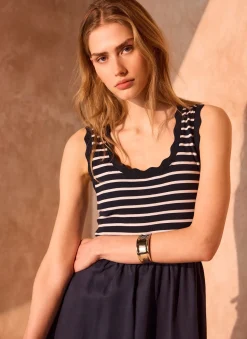 Navy Striped Scallop Trim Midi Dress