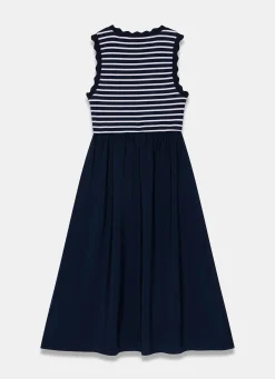 Navy Striped Scallop Trim Midi Dress