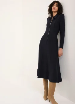 Navy Textured Zip Detail Midi Dress