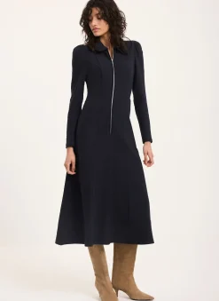 Navy Textured Zip Detail Midi Dress