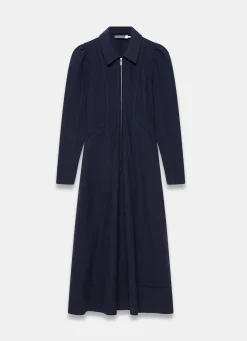 Navy Textured Zip Detail Midi Dress
