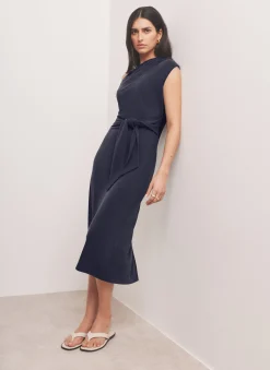Navy Tie Detail Midi Dress
