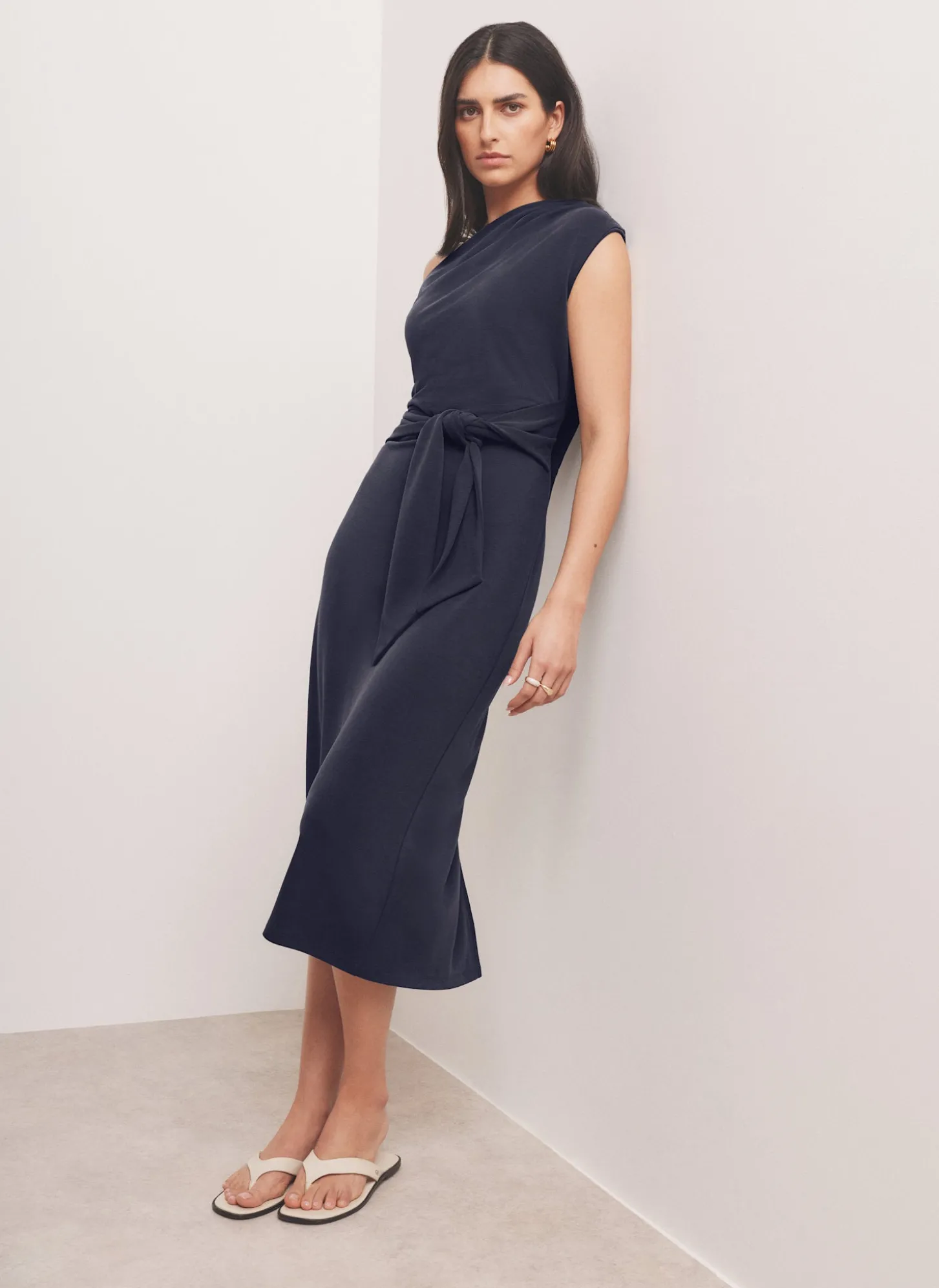 Navy Tie Detail Midi Dress