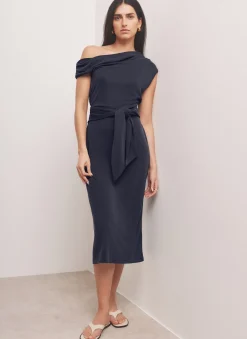 Navy Tie Detail Midi Dress