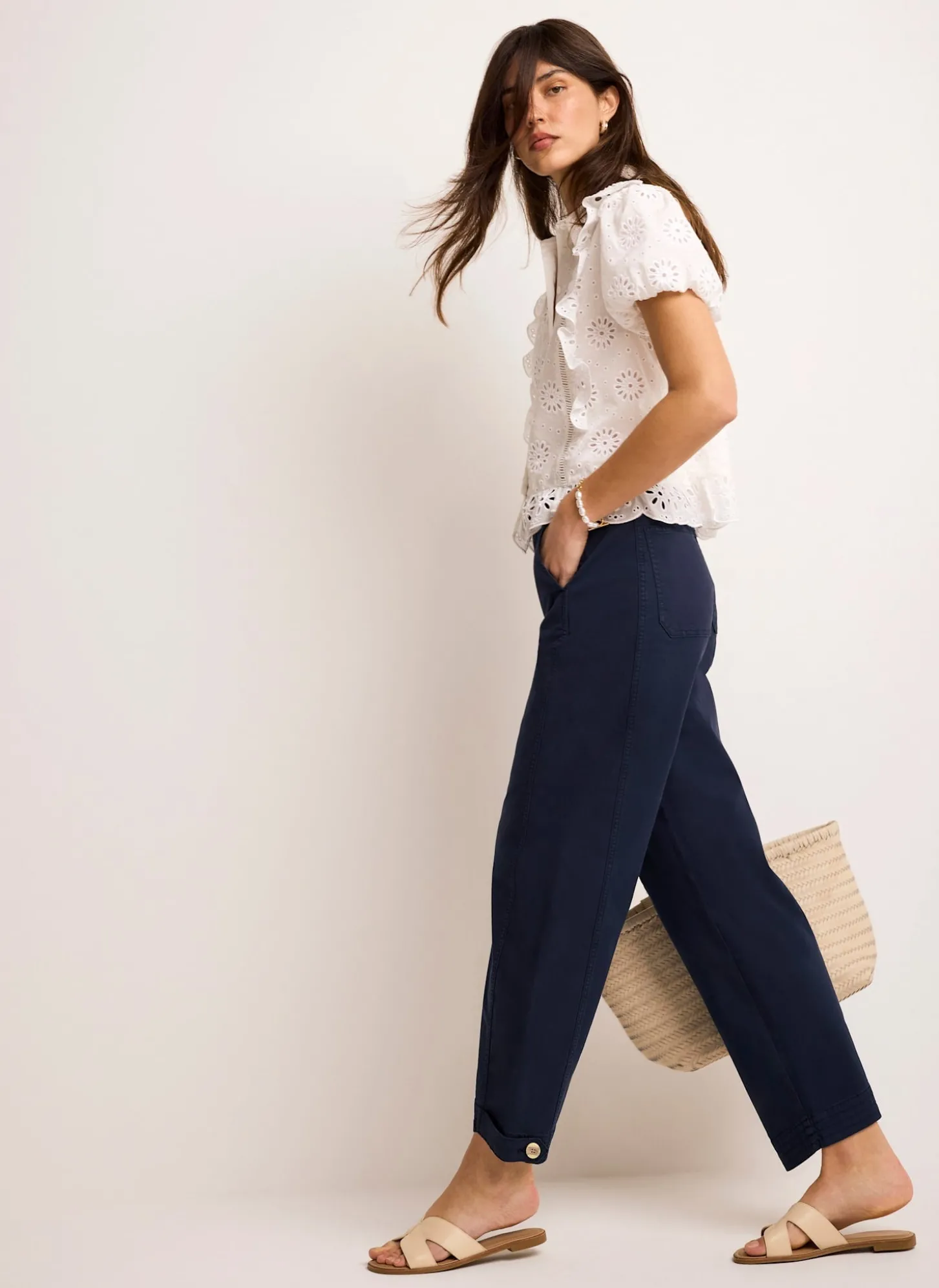 Navy Washed Barrel Leg Chino Trousers