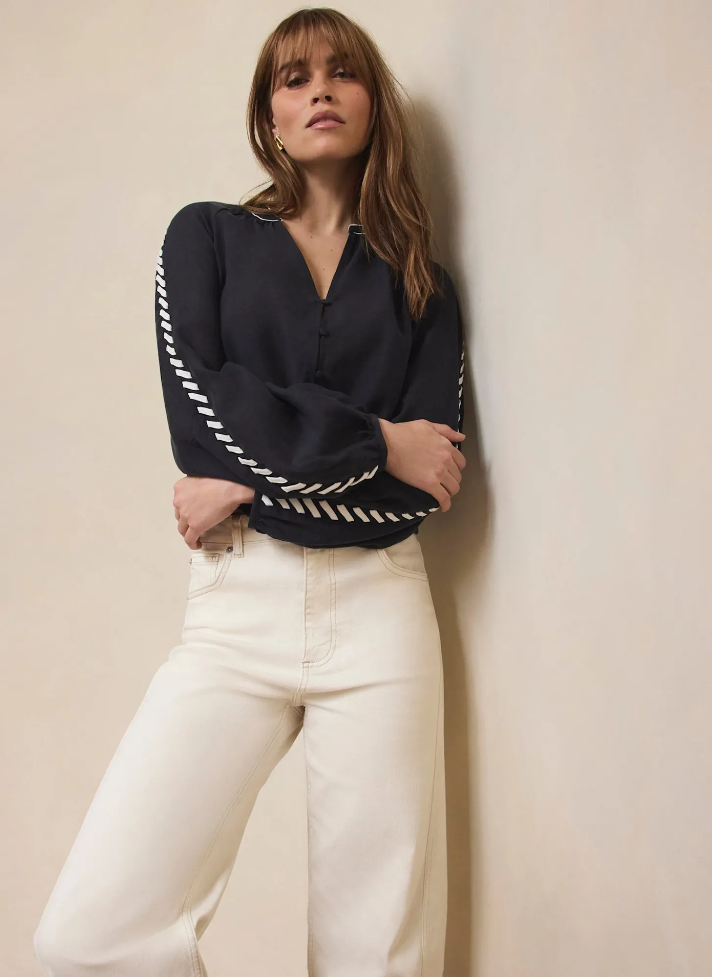 Navy Whipstitch Detail Blouse