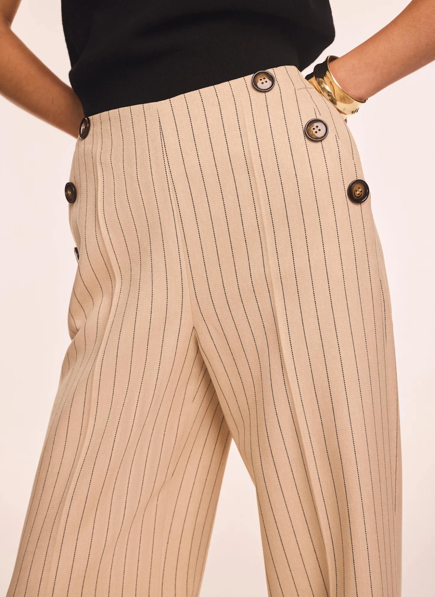 Neutral Button Front Pinstripe Trousers