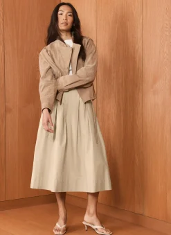 Neutral Cotton A Line Midi Skirt