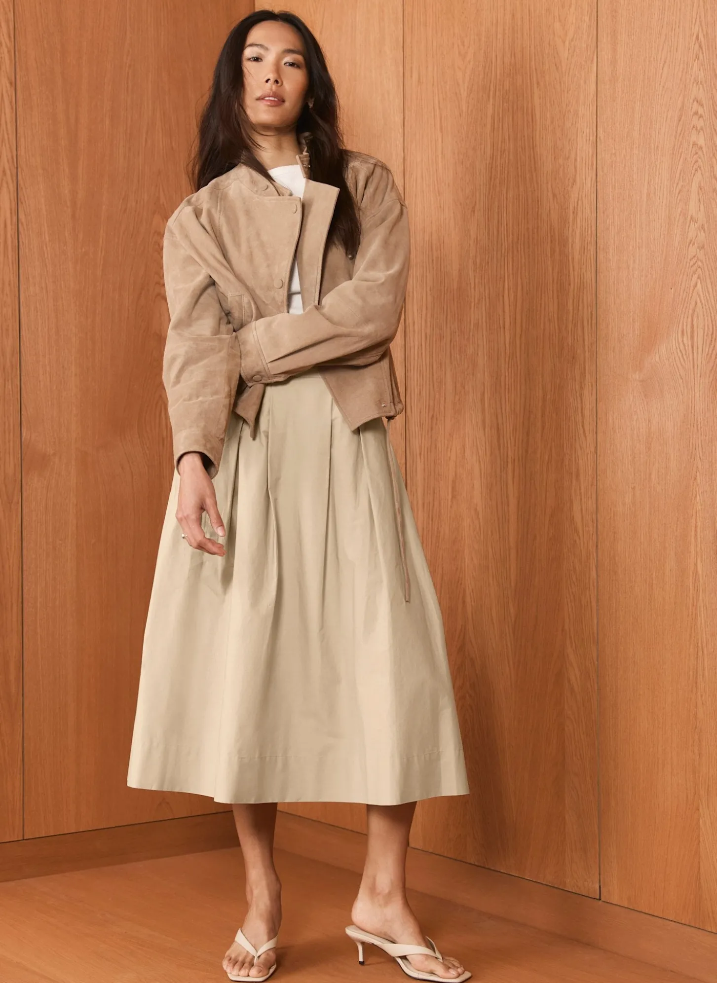 Neutral Cotton A Line Midi Skirt