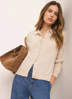 Neutral Cotton Blend Button Collar Cardigan