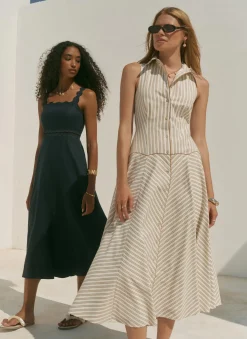 Neutral Cotton Blend Striped Midi Dress