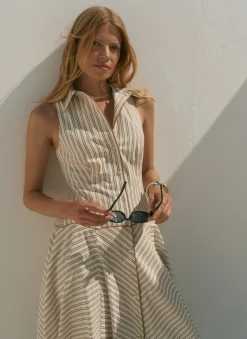 Neutral Cotton Blend Striped Midi Dress