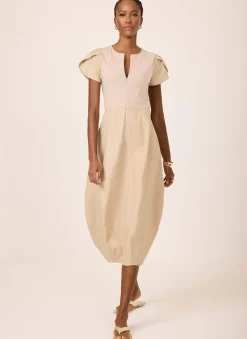 Neutral Cotton Blend Tulip Hem Midi Dress