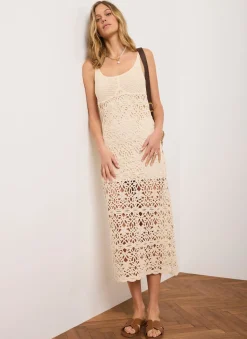 Neutral Cotton Crochet Midi Dress