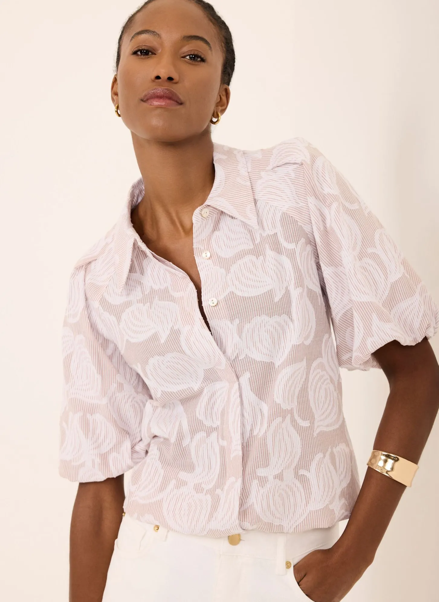 Neutral Cotton Jacquard Striped Shirt