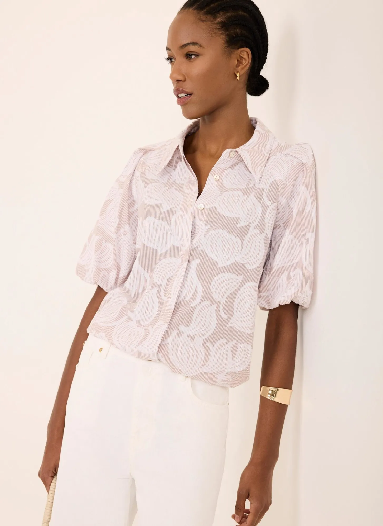 Neutral Cotton Jacquard Striped Shirt