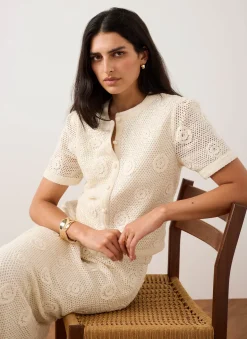 Neutral Cotton Sequin Floral Crochet Top