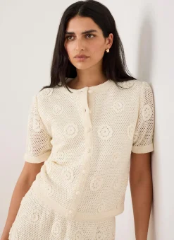 Neutral Cotton Sequin Floral Crochet Top