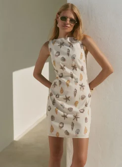 Neutral Cotton Shell Print Mini Dress