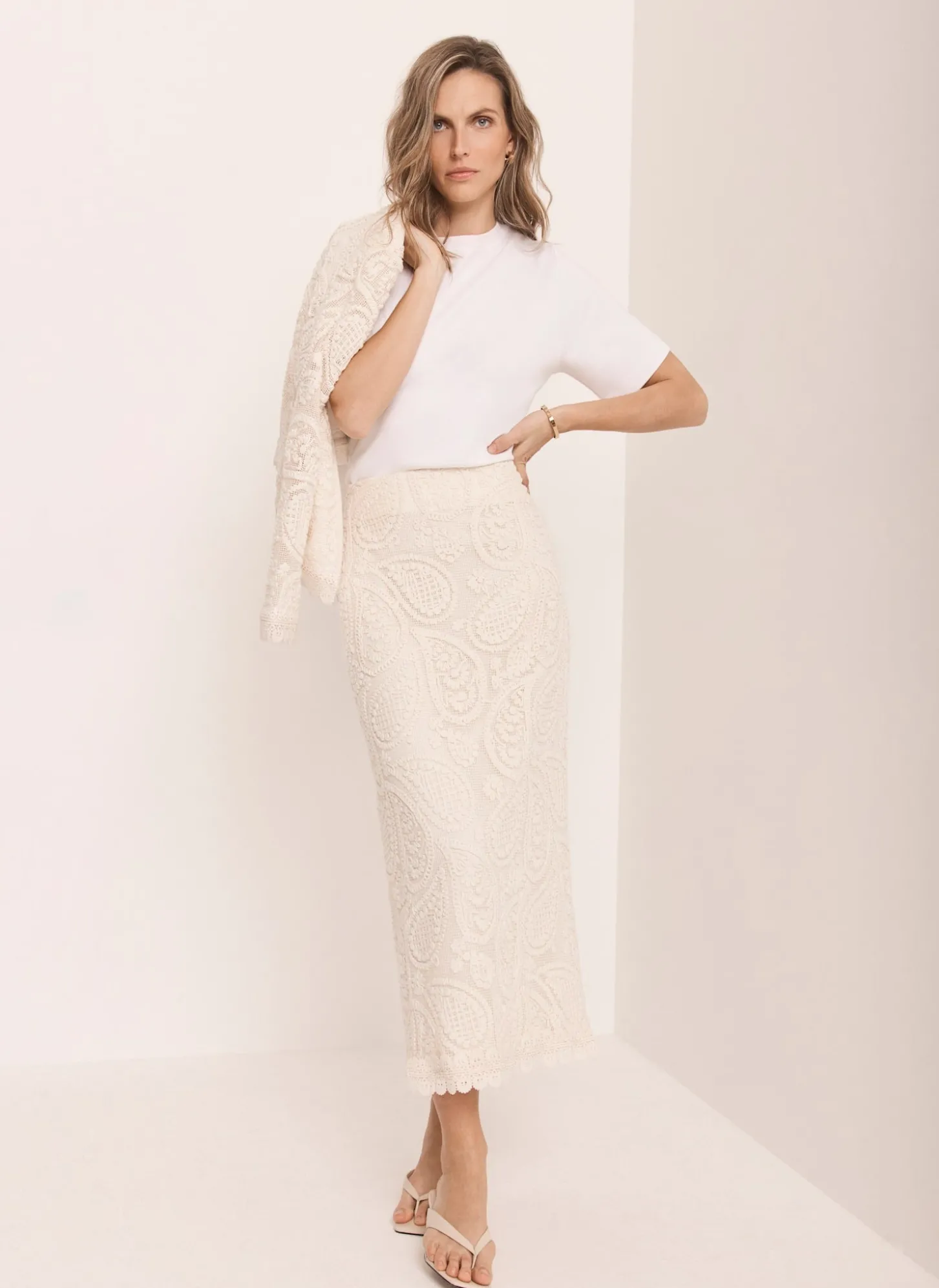 Neutral Crochet Paisley Midi Skirt
