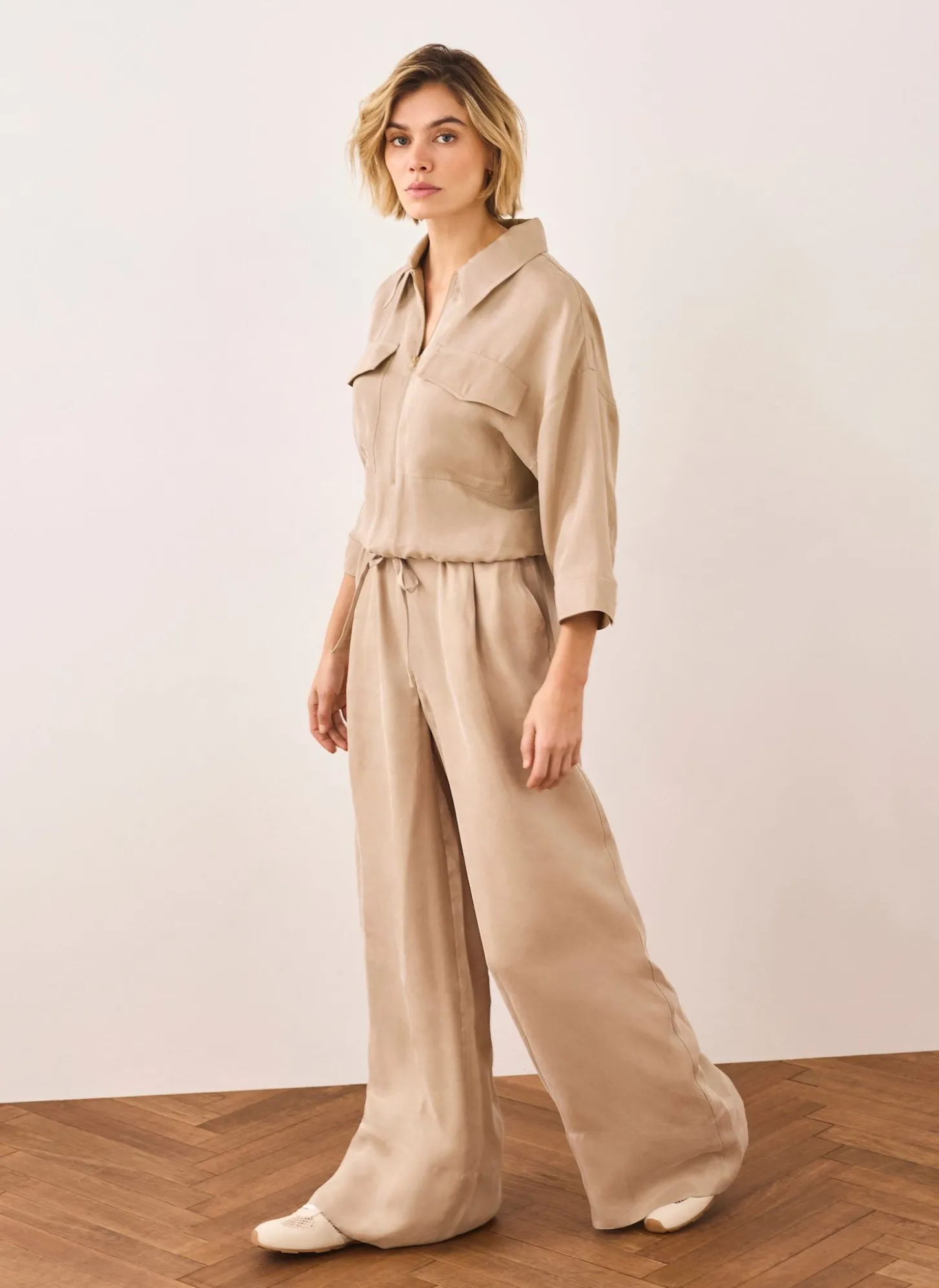 Neutral Drawstring Wide Leg Trousers