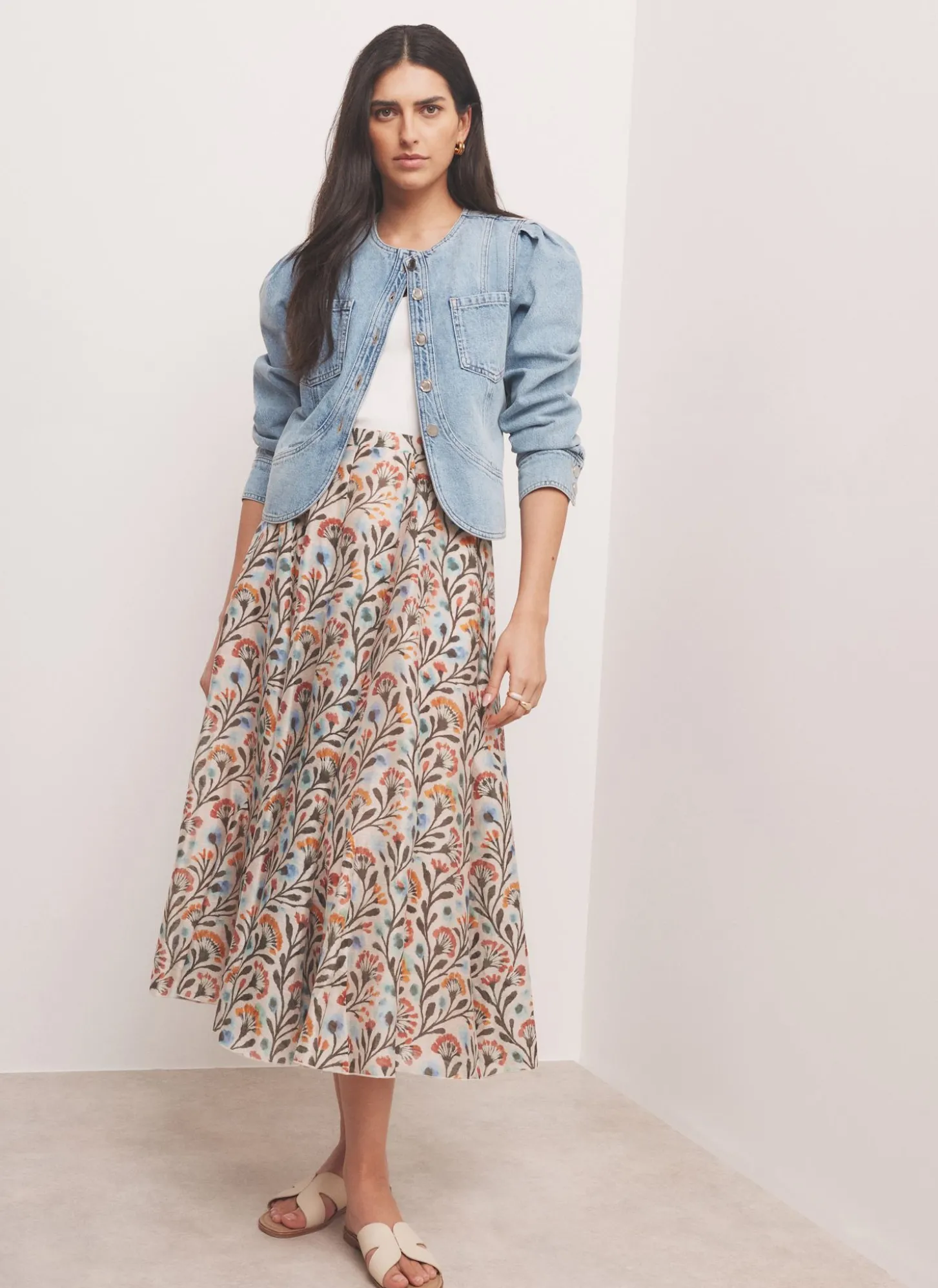 Neutral Floral Print Midi Skirt