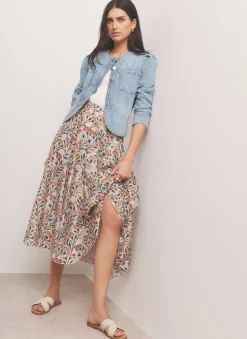 Neutral Floral Print Midi Skirt